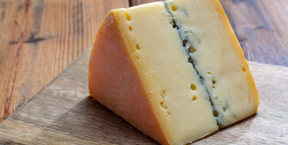 French semi-soft cow milk cheese morbier from Franche-Comte region with thin black layer and strong aroma  close up